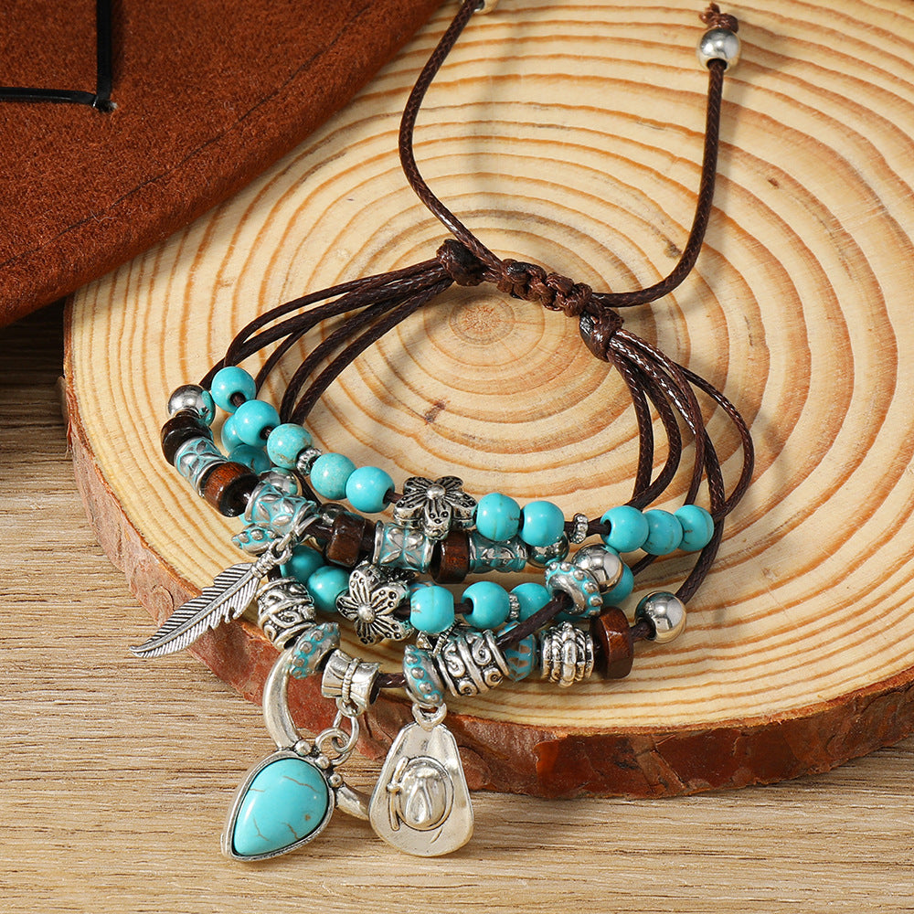 Wholesale Ethnic Bohemian Turquoise Tow Hat Tassel Handmade Multi-layer Bracelet Bracelet